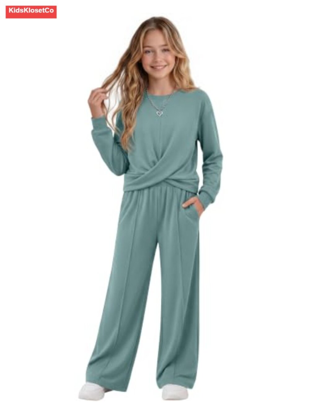 Girls 2 Piece Long Sleeve Twist Top & Wide Leg Pant Set
